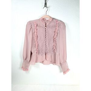 Vintage Prairie Puff Sleeve Blouse Womens Small 70s Rose Pink Victorian Lace